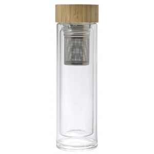 Bamboo and glass double walled bottle Vicente, brown (Water bottles)