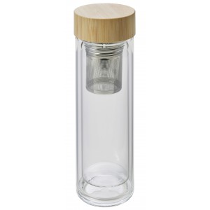 Bamboo and glass double walled bottle Vicente, brown (Water bottles)