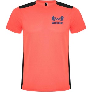 Detroit short sleeve unisex sports t-shirt, Fluor Coral, Solid black (T-shirt, mixed fiber, synthetic)