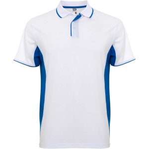 Montmelo short sleeve unisex sports polo, White, Royal blue (T-shirt, mixed fiber, synthetic)