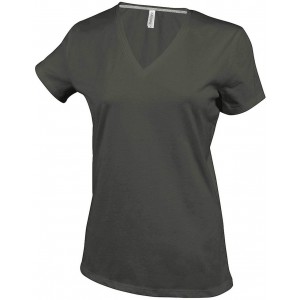 LADIES' SHORT-SLEEVED V-NECK T-SHIRT, Dark Khaki (T-shirt, 90-100% cotton)
