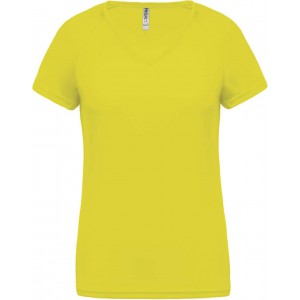 LADIES? V-NECK SHORT SLEEVE SPORTS T-SHIRT, Fluorescent Yellow (T-shirt, mixed fiber, synthetic)