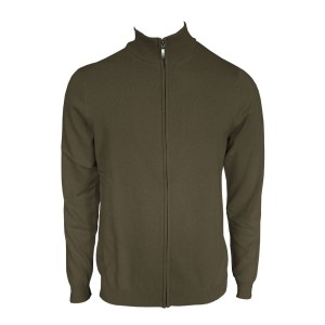 MEN?S FULL ZIP CARDIGAN FINE GAUGE COTTON, Dark Khaki