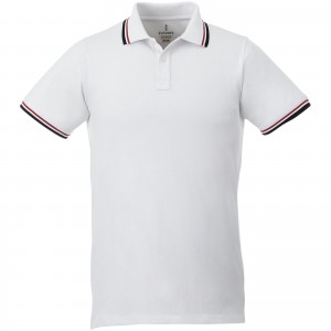Fairfield short sleeve men's polo with tipping, White,Navy,Red (Polo shirt, 90-100% cotton)