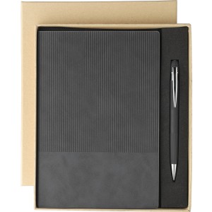 Recycled PU notebook (A5) and ballpen set Tarek, black (Notebooks)