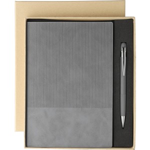 Recycled PU notebook (A5) and ballpen set Tarek, grey (Notebooks)