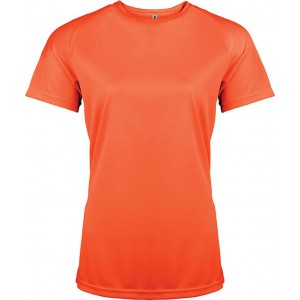 LADIES' SHORT-SLEEVED SPORTS T-SHIRT, Fluorescent Orange (T-shirt, mixed fiber, synthetic)