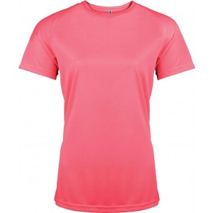 LADIES' SHORT-SLEEVED SPORTS T-SHIRT, Fluorescent Pink (T-shirt, mixed fiber, synthetic)