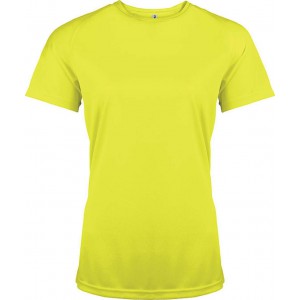 LADIES' SHORT-SLEEVED SPORTS T-SHIRT, Fluorescent Yellow (T-shirt, mixed fiber, synthetic)